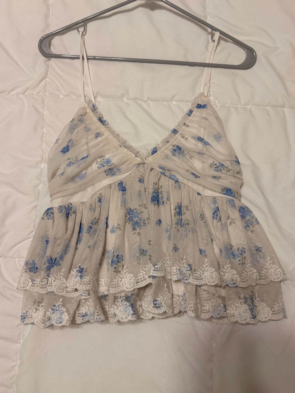 Altar'd State Cream Camisole with Blue Floral Print and Lace Hem